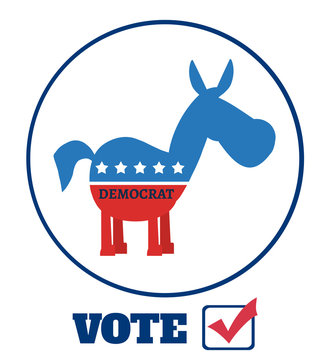 Democrat Donkey Cartoon Character Circle Label With Text Vote