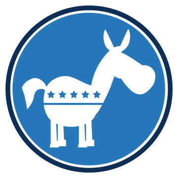 Democrat Donkey Blue Circle Label. Illustration Flat Design Style Isolated On White