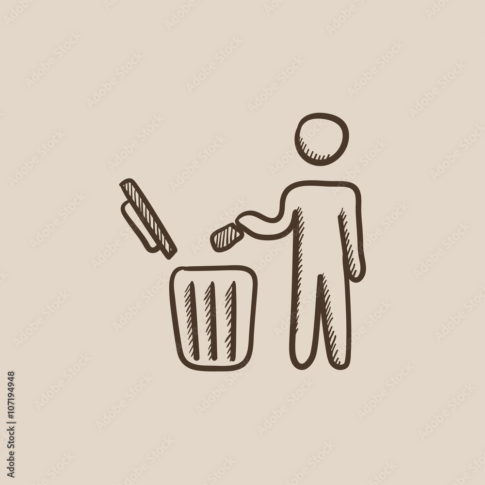 Wall mural Man throwing garbage in a bin sketch icon.