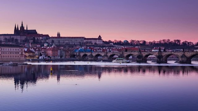 4k timelapse, panoramic view on Vltava river and St.Vitus cathedral, Prague, Czech Republic