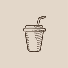 Disposable cup with drinking straw sketch icon.
