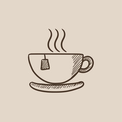 Hot tea in cup sketch icon.