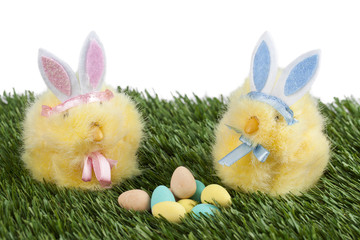 two colored rabbits with colorful eggs
