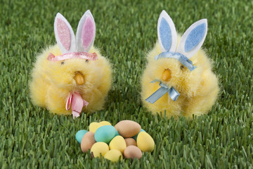 easter bunnies and colorful easter eggs.