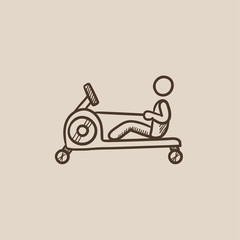 Man exercising with gym apparatus sketch icon.