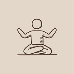 Man meditating in lotus pose sketch icon.