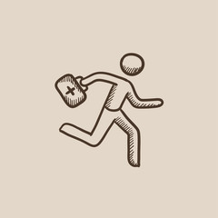 Paramedic running with first aid kit sketch icon.