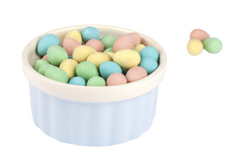 blue container of colorful easter eggs