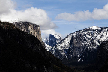 Halfdome With Snow Blue Sky White Clouds Yosemite