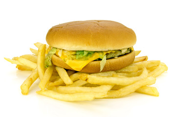 Burger and French fried isolated on white background.
