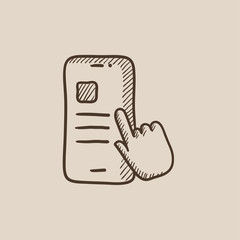 Finger touching smartphone sketch icon.