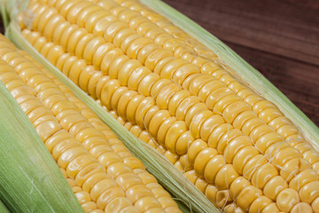 Ripe corn on wooden background. Macro