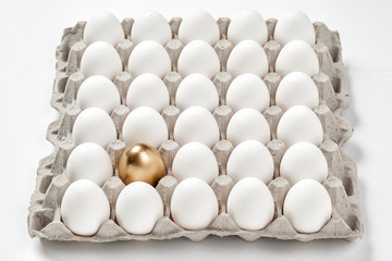 golden egg concept among white eggs in carton pack