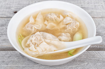 Vietnamese shrimp and pork wonton soup close-up shot, hoanh than