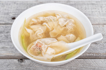 Vietnamese shrimp and pork wonton soup close-up shot, hoanh than