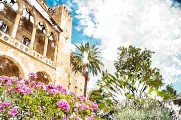 Almudaina palace with blooming pink flowers against blue sky and clouds, Palma de Mallorca, Balearic islands, Spain. Modern painting, background illustration. © romas_ph