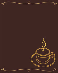 Obraz premium Dark brown frame menu with a Golden Cup of coffee, hot chocolate, cocoa, tea.