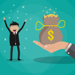 business man receives bag of coins