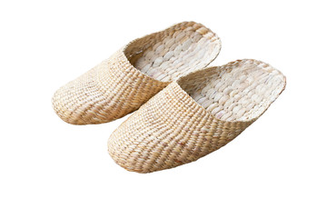 Vintage slippers handmade with bamboo on white background