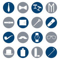 Set of white icons of men's accessories on color background, vec