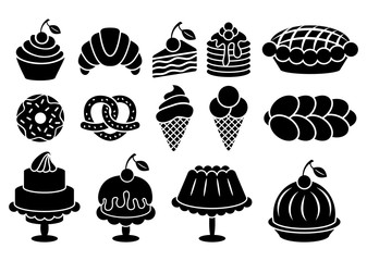 Sweet baked food silhouettes set