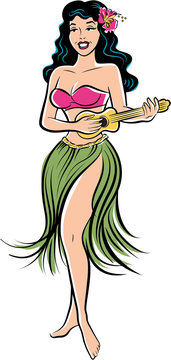Retro comic style artwork of a hula girl playing a ukulele