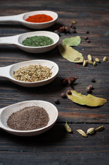 Spice in Wooden spoon on a wooden background. Pepper