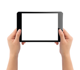 hand holding black tablet isolated on white clipping path inside
