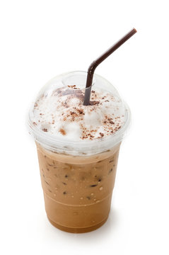 Iced Coffee Latte In Takeaway Cup Isolated On White Background