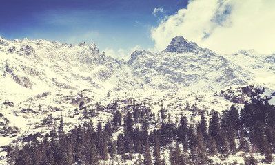 Retro old film stylized picture of Tatra Mountains, view from Lake Morskie Oko, Poland. © MaciejBledowski