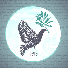 Fototapeta na wymiar Ink hand drawn dove with olive branch illustration