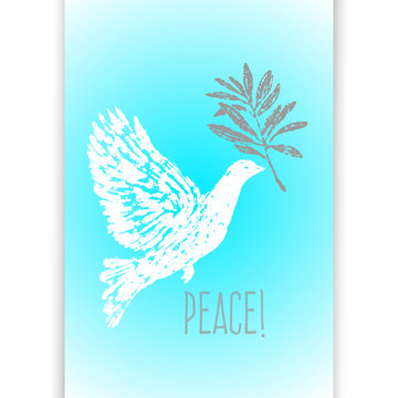 Ink hand drawn dove with olive branch illustration
