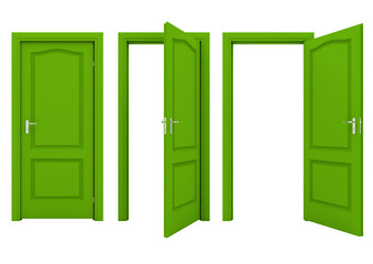 Open green door isolated on a white background