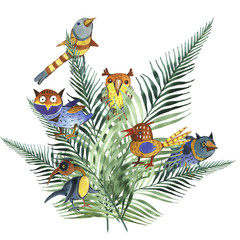 decorative birds, watercolor, illustration