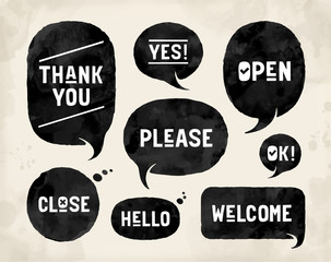 Set of bubbles, cloud talk, different shapes for communication and market themes. Watercolor in hand drawn paths. Vector Illustration