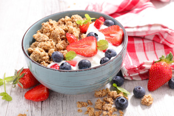 bowl with  cereals, yogurt and berry fruit