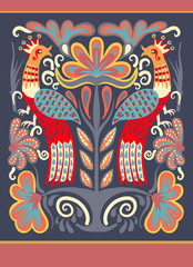 ukrainian hand drawn ethnic decorative pattern with two birds