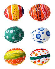 Easter eggs in beautiful and different colors on a white isolated background