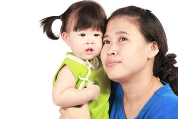 baby girl and her mother isolated white background