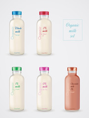 Set of glass bottles with milk. Reduced fat milk. Chocolate milk