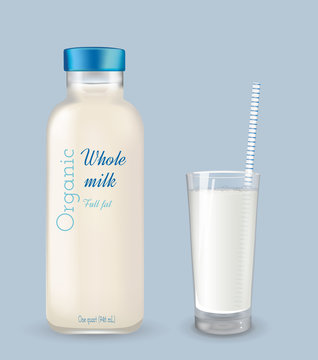Glass bottles with milk. Whole milk. Organic milk.