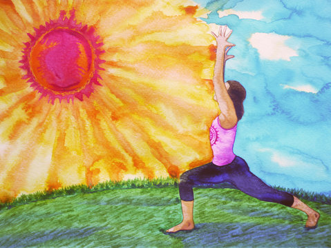 sun salutation, surya namaskara, warrior 1 yoga pose, watercolor