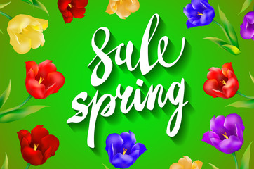 Spring Sale Word Hanging on Leaves with Strings. Vector Illustration