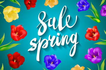 Spring sale Background with tulips and daisies EPS 10 vector royalty free stock illustration for greeting card, ad, promotion, poster, flier, blog, article, social media, marketing