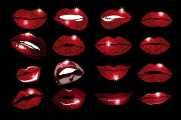 Set of 16 glamour lips, with vinous lipstick colors. Vector illustration. element. Woman's lip gestures set. Girl mouths close up with red lipstick makeup expressing different emotions. EPS10 vector.