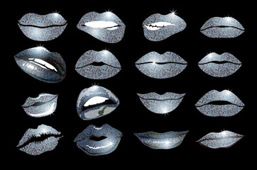 Set of 16 glamour lips, with silver lipstick colors. Vector illustration. element. Woman's lip gestures set. Girl mouths close up with lips lipstick makeup expressing different emotions. EPS10 vector.