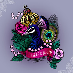 Illustration with crowned peacock in pearls on roses background/
