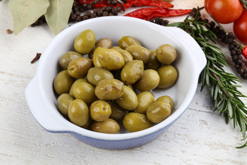 Green olives in the bowl