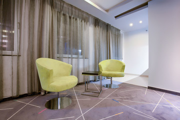 Interior of a luxury hotel room in the evening