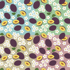 Set of four tender patterns with plums and flowers on multicolored background.